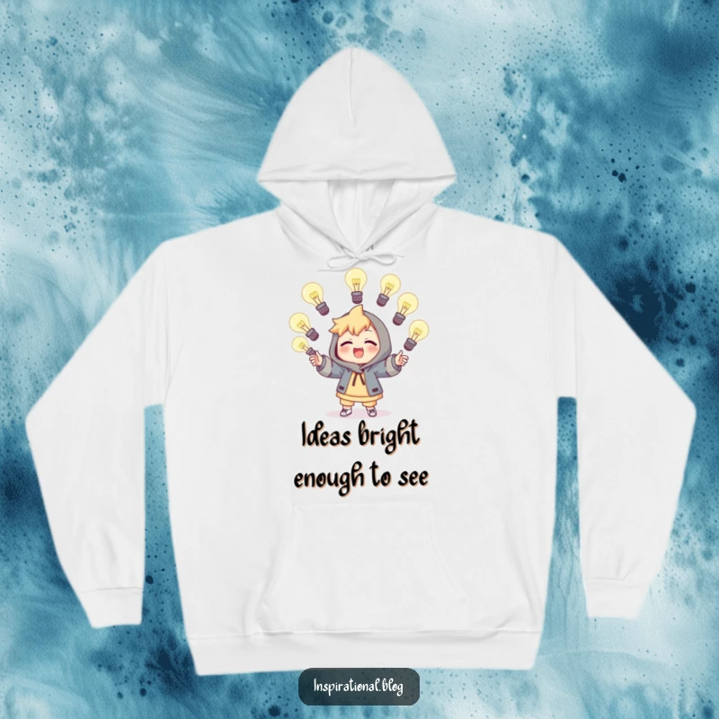 Funny hoodie with a character playfully juggling glowing light bulbs, symbolizing a mind full of bright, energetic ideas.