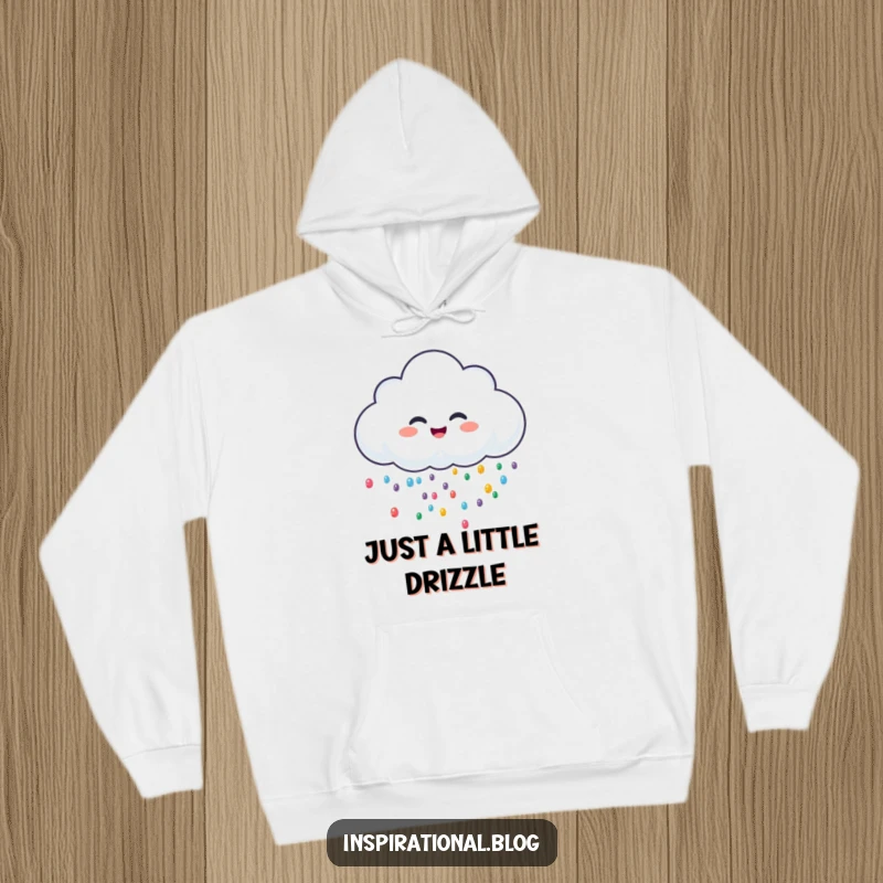 Funny hooded sweatshirt with a cheerful rain cloud character giggling, sprinkling colorful droplets, offering warmth and humor.