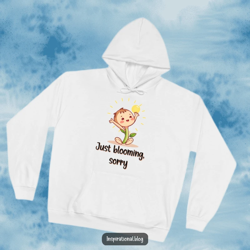 Funny seedling character enthusiastically stretching towards a warm sun, depicted on a comfortable hoodie, radiating growth.