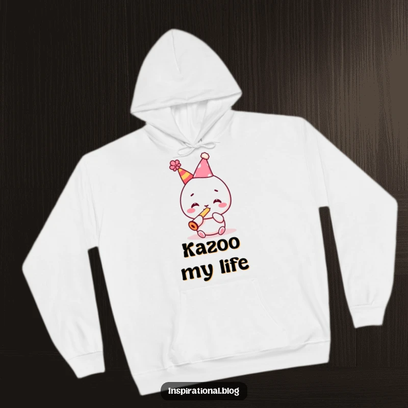 Funny hoodie featuring a festive kawaii character in a party hat, happily blowing a kazoo, for cozy celebrations.