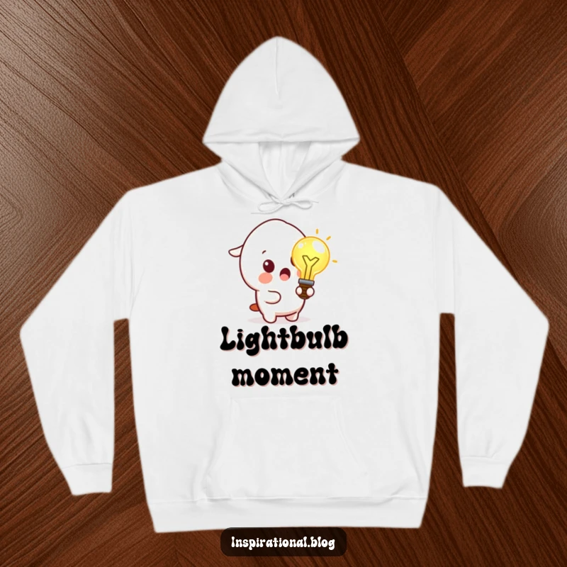 Funny hoodie depicting a surprised kawaii character holding a radiant lightbulb, symbolizing a sudden, amazing idea.