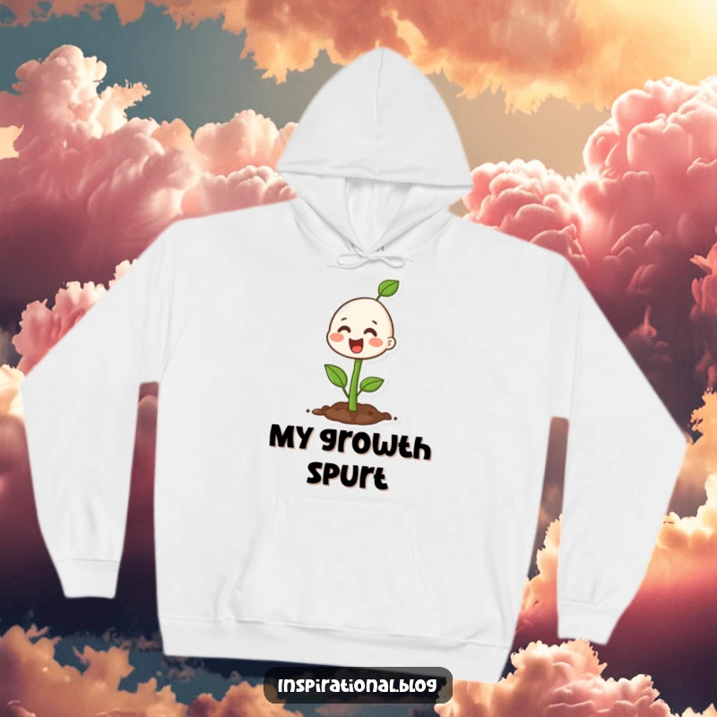 Funny happy seedling character bursting with vibrant growth on a hoodie, ideal for cozy inspiration.