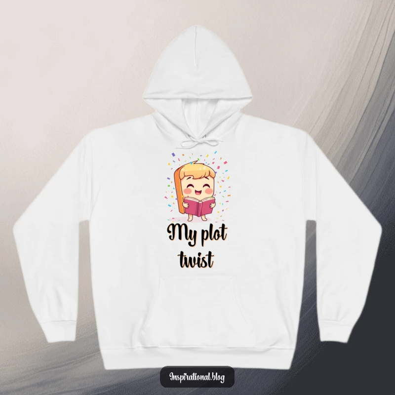 Funny Hoodie depicting a smiling book character launching colorful confetti, offering cozy comfort and cheerful vibes.