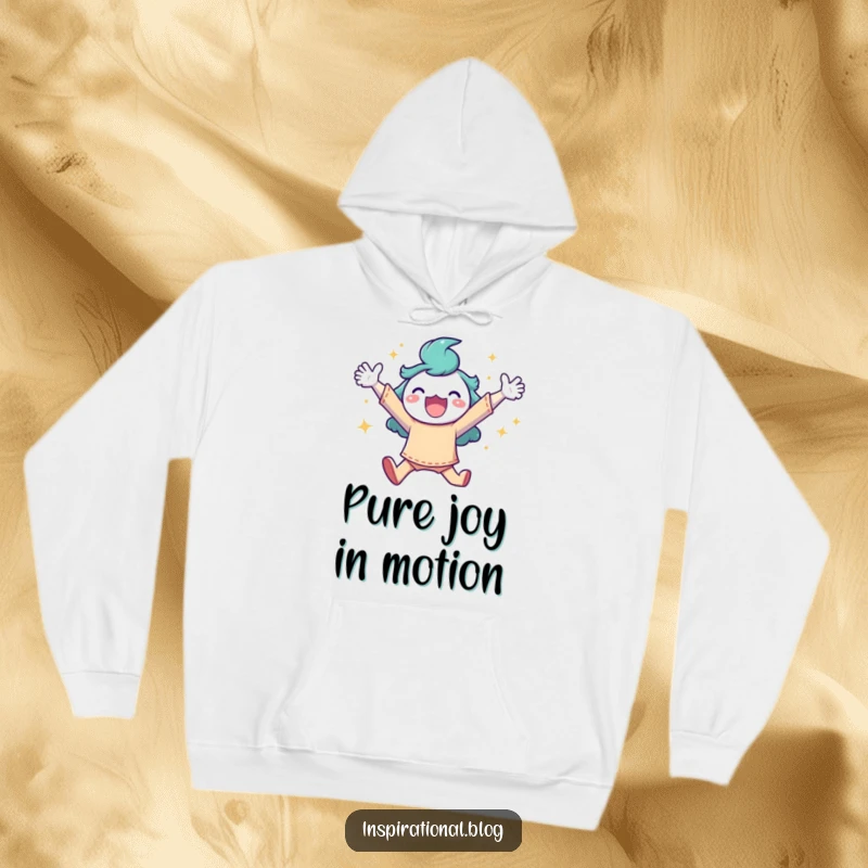 Funny hoodie illustrating a character joyfully leaping with arms open, showered in glittering sparkles, for ultimate cozy fun.