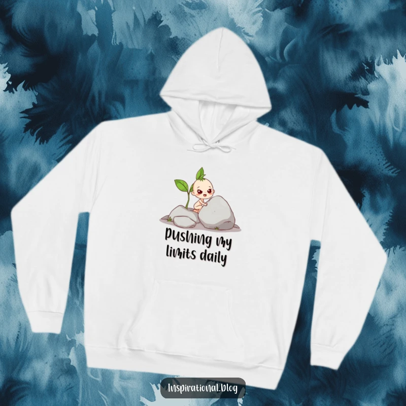 Funny Hoodie: Cozy sweatshirt with a determined sprout character pushing a large rock, perfect for comfort and humor.