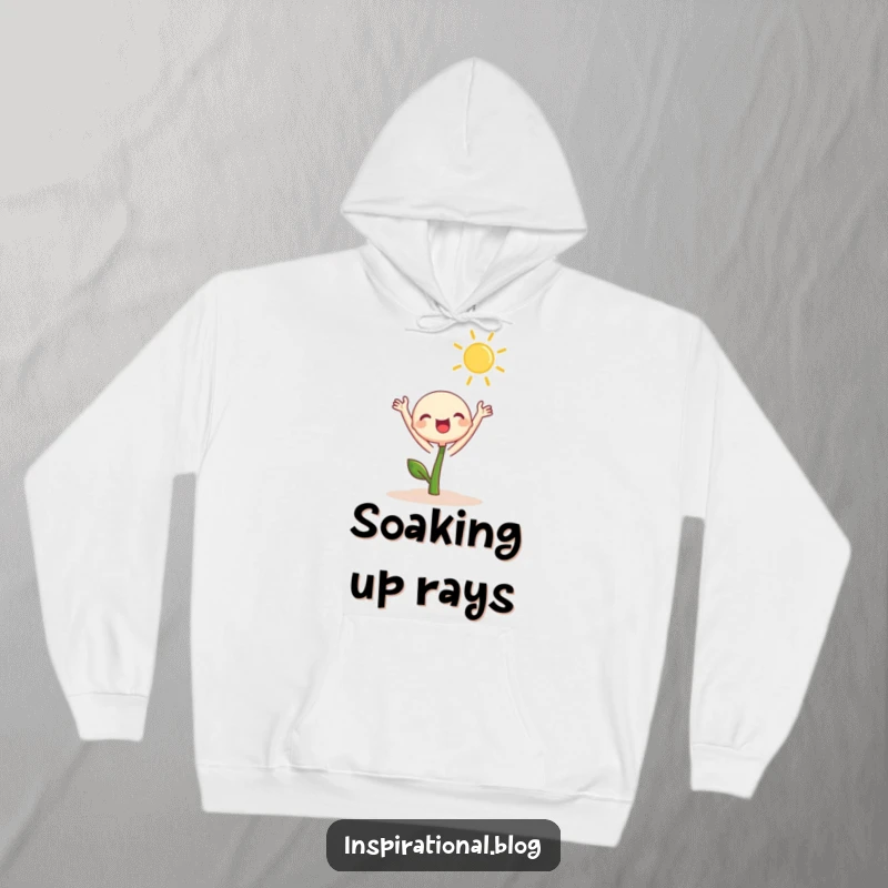 Funny Hoodie illustration of a cute sprout character joyfully stretching towards the sun, symbolizing growth, warmth, and happiness.