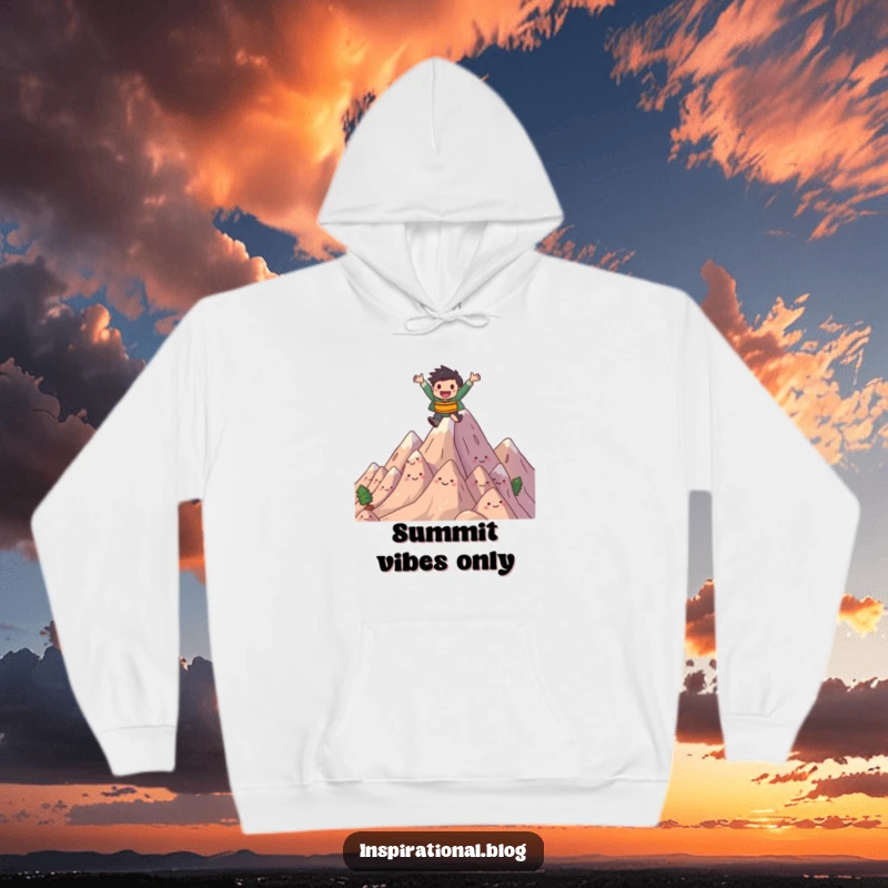 Funny hoodie featuring a joyful character leaping over smiling, stylized mountains. Warm, adventurous, and humorous.