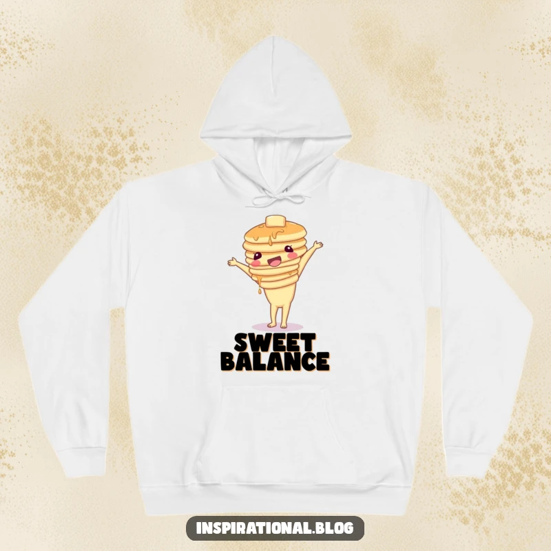 Funny hoodie illustrating a stack of pancakes wobbling while attempting a handstand, offering cozy comfort and a humorous breakfast theme.