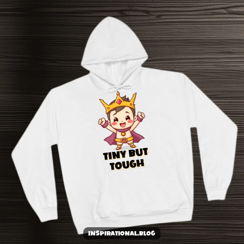 Funny Hero Hoodie showcasing a cheerful, tiny character in a heroic pose with a triumphant smile, perfect for cozy bravery.