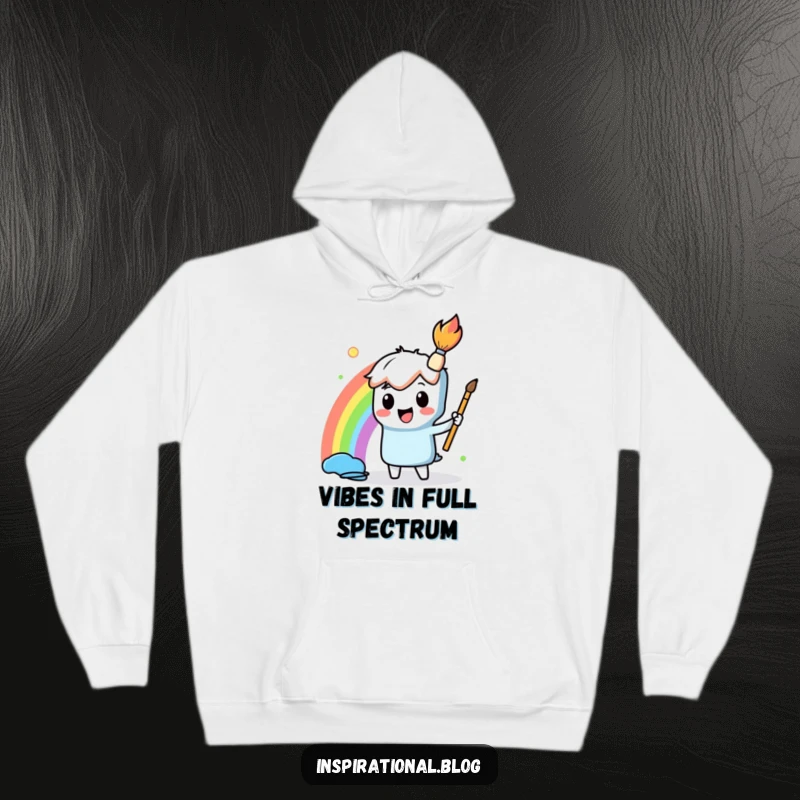 Funny Hoodie featuring a happy paintbrush character diligently creating a colorful rainbow, designed for warmth and artistic inspiration.