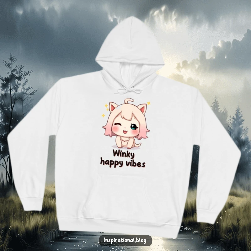 Funny hoodie with a little character giving a playful, sparkly wink and a happy, contented sigh.