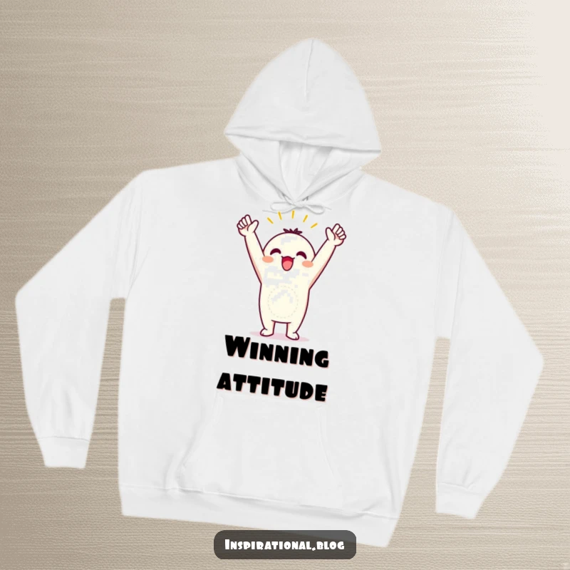 Funny hoodie depicting a kawaii character in a triumphant pose with arms thrown in the air, embodying victory.