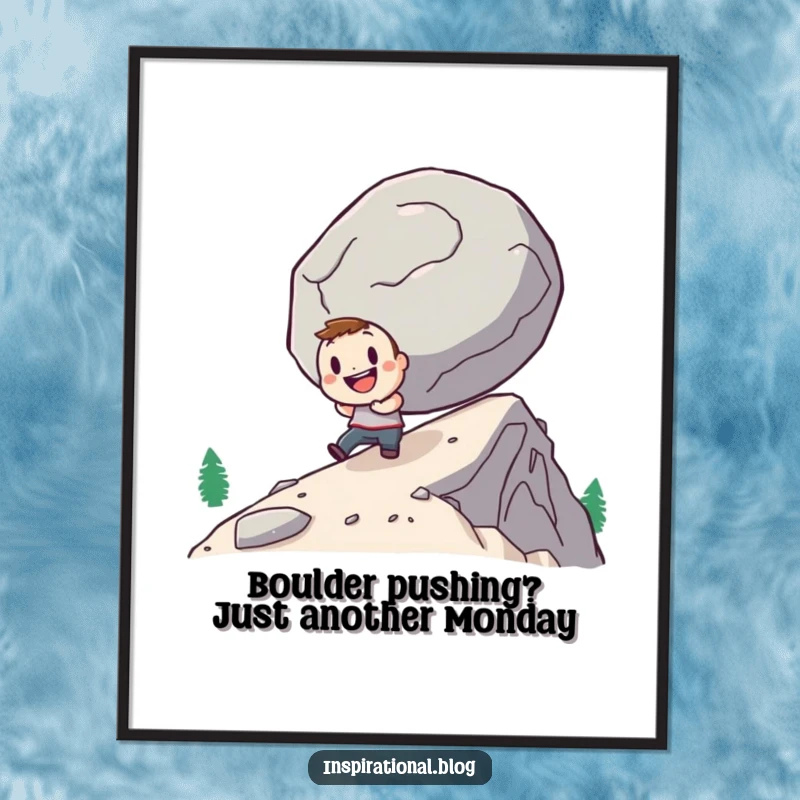 Funny Free Printable Wall Art: Small character with a determined grin pushing a huge boulder uphill, motivational and humorous decor.