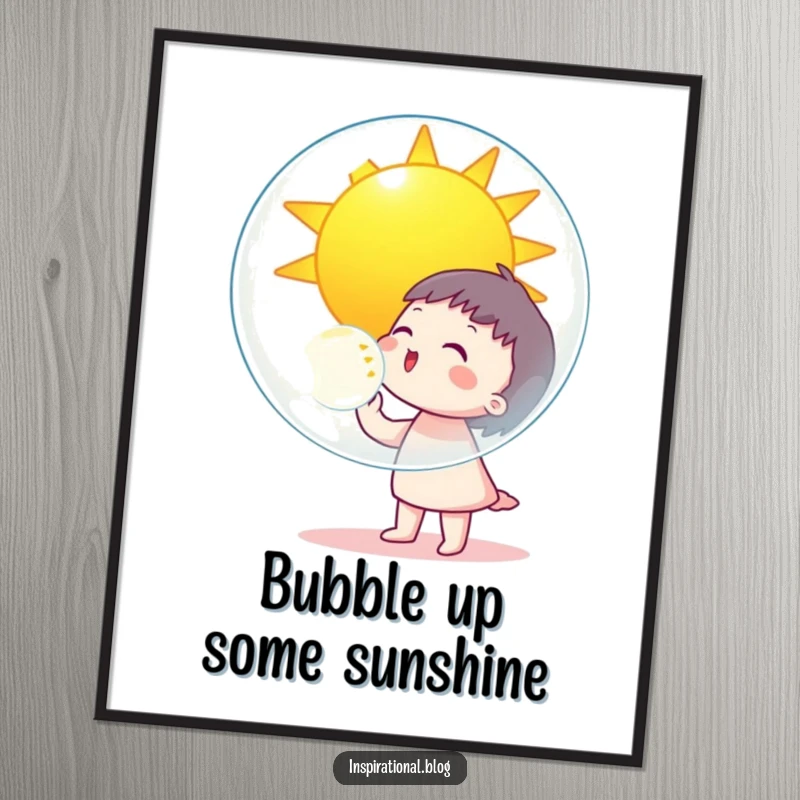 Funny Free Printable Wall Art: Character blows a giant bubble with a smiling sun, creating humorous, sunny decor.
