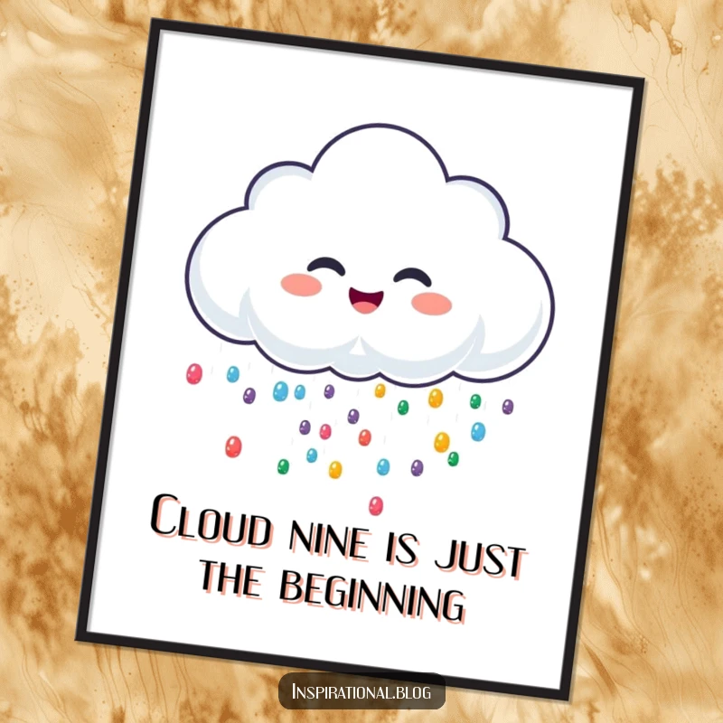 Funny Free Printable Wall Art of a cheerful rain cloud character giggling as it sprinkles tiny, colorful drops, adding humor to any room.