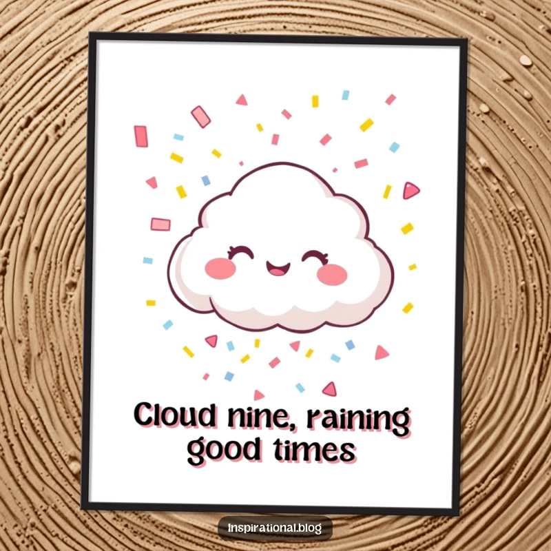 Funny Free Printable Cloud Wall Art depicting a giggling cloud character joyfully raining down colorful confetti with a playful spirit.