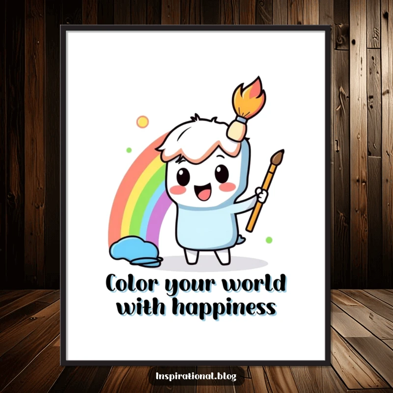 Funny Free Printable Wall Art: A whimsical paintbrush character joyfully paints a stunning rainbow, bringing color and creativity to any room.