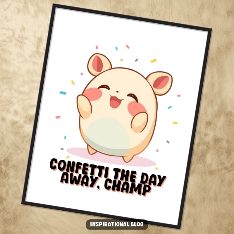 Funny Free Printable Wall Art depicting a round creature gleefully throwing confetti and giggling with pure delight.