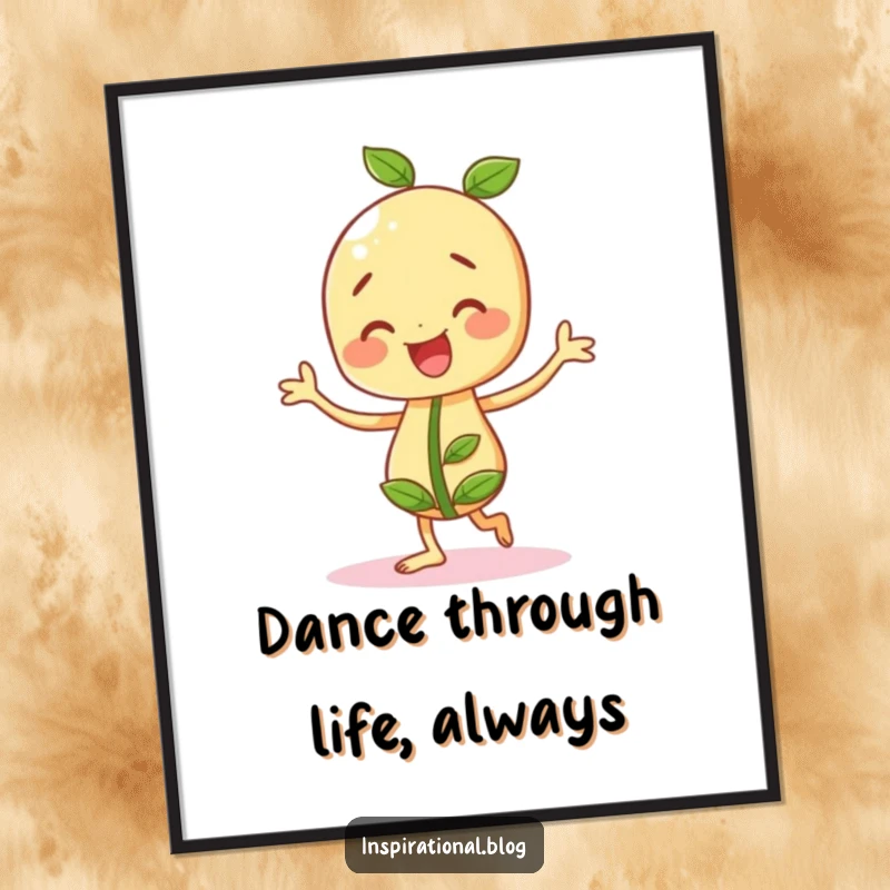 Funny Free Printable Wall Art: A cheery seedling character happily doing a little jig, radiating joy.