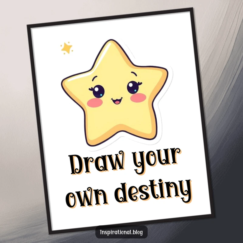 Free Printable wall art: A smiling kawaii pen character happily drawing a brilliant star, symbolizing creativity and aspiration.