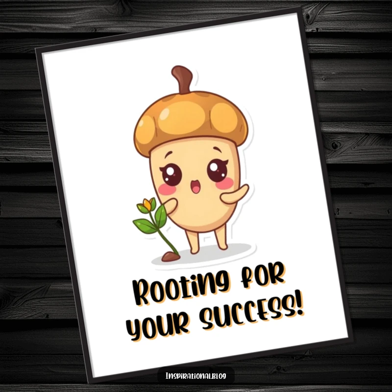 Funny Free Printable Wall Art: Surprised acorn character sprouts a happy plant, symbolizing new beginnings and joy.