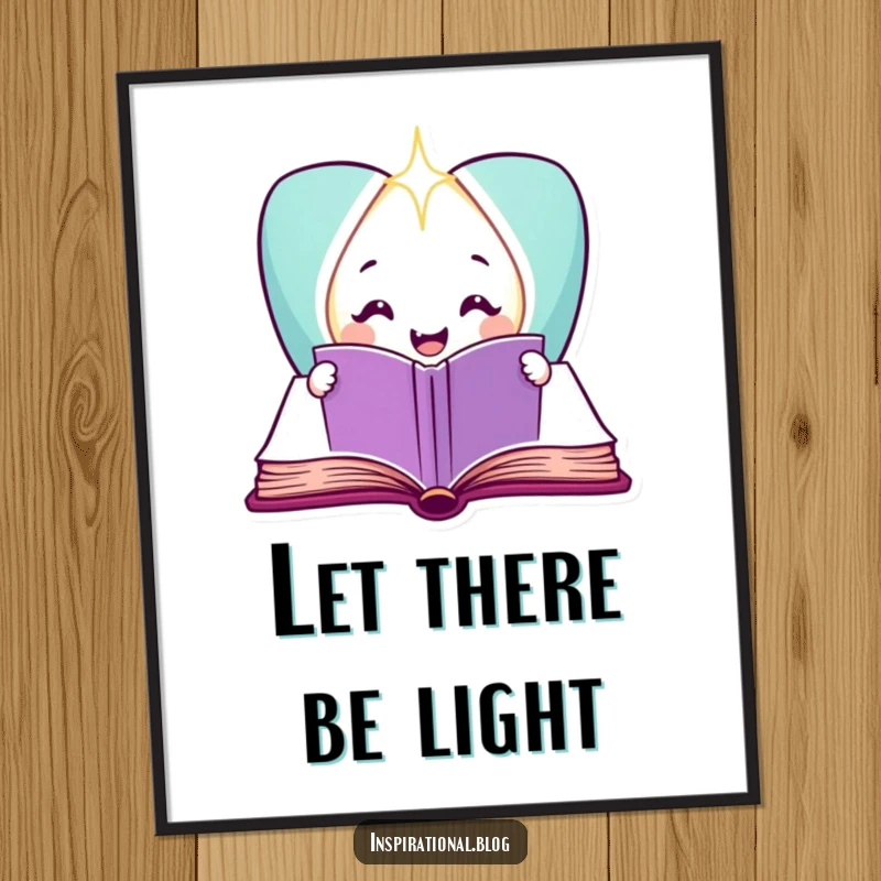 Funny Free Printable Wall Art: Smiling book character opening to reveal a sparkling light, symbolizing knowledge and magic, downloadable art.