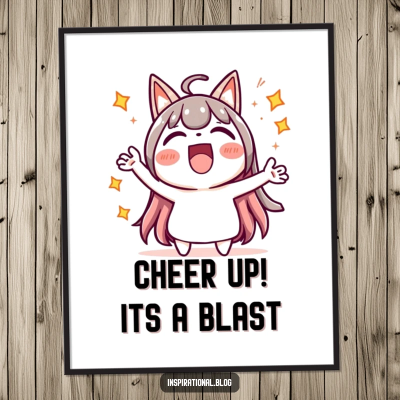 Funny Free Printable Wall Art: Energetic kawaii character cheering with joy, surrounded by dazzling starbursts.