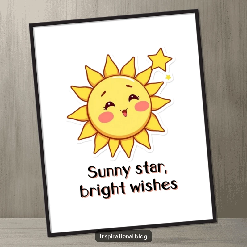Funny Free Printable Wall Art: A bright sun character with rosy cheeks looking surprised by a shooting star, creating a fun celestial scene.