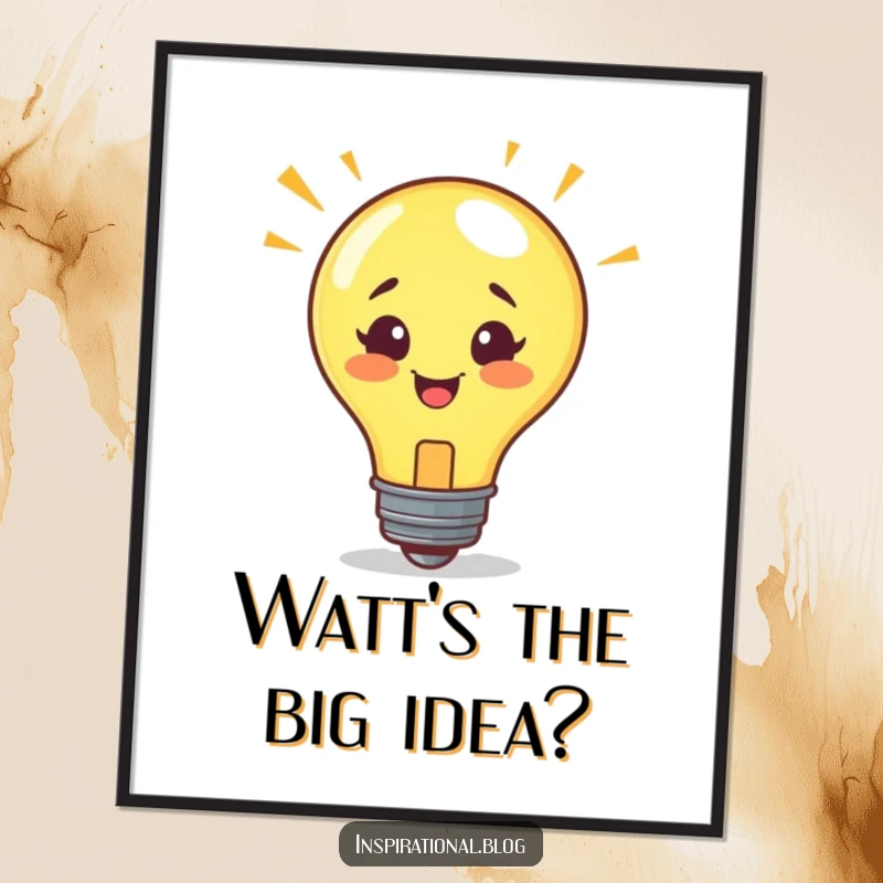 Funny Free Printable Wall Art: A smiling lightbulb character has a sudden, brilliant idea, great for home decor.