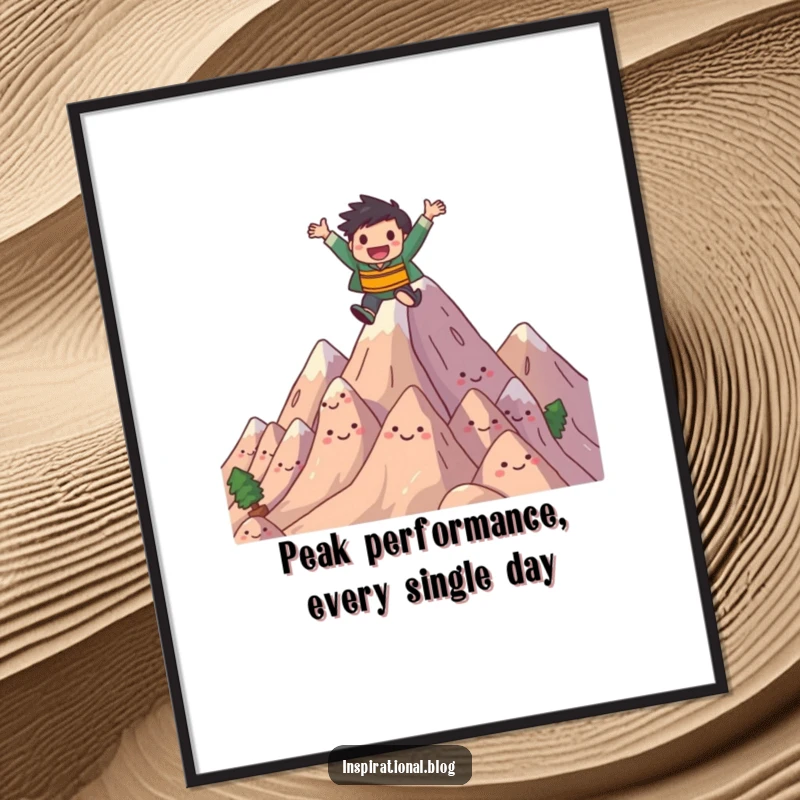 Funny Free Printable Wall Art: A joyful character making an epic leap over a pile of smiling mountains.