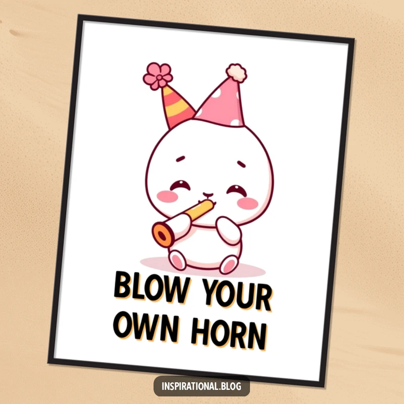 Funny Free Printable Wall Art: Kawaii character in a party hat, joyfully blowing a kazoo, adding festive flair.