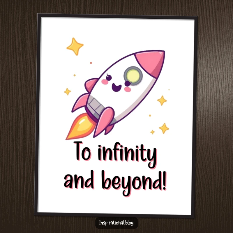 Funny Free Printable Wall Art: Happy rocket ship character blasting off with excitement, symbolizing adventure and high aspirations, downloadable art.