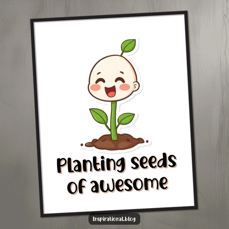 Funny Free Printable Wall Art: Happy seedling character bursting with vibrant growth, symbolizing positivity and new beginnings, downloadable art.