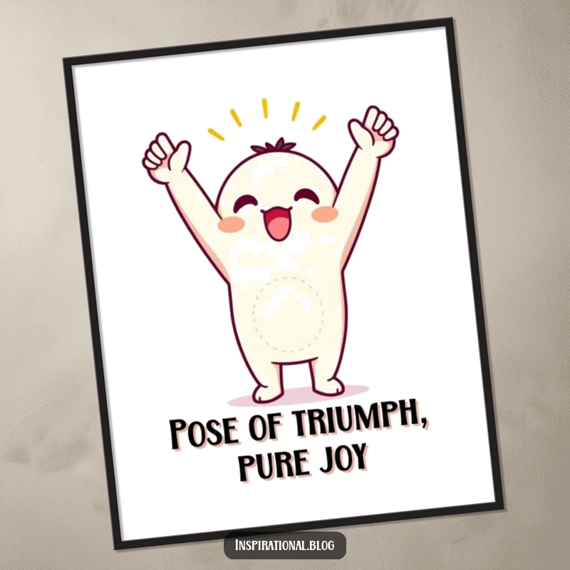 Funny Free Printable Kawaii Triumphant Wall Art: Character in triumphant pose, arms in air, motivational decor, print at home.