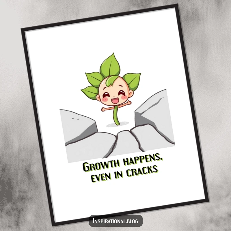 Funny Free Printable Wall Art of a determined sprout character joyfully cracking through pavement, symbolizing overcoming obstacles with a smile.