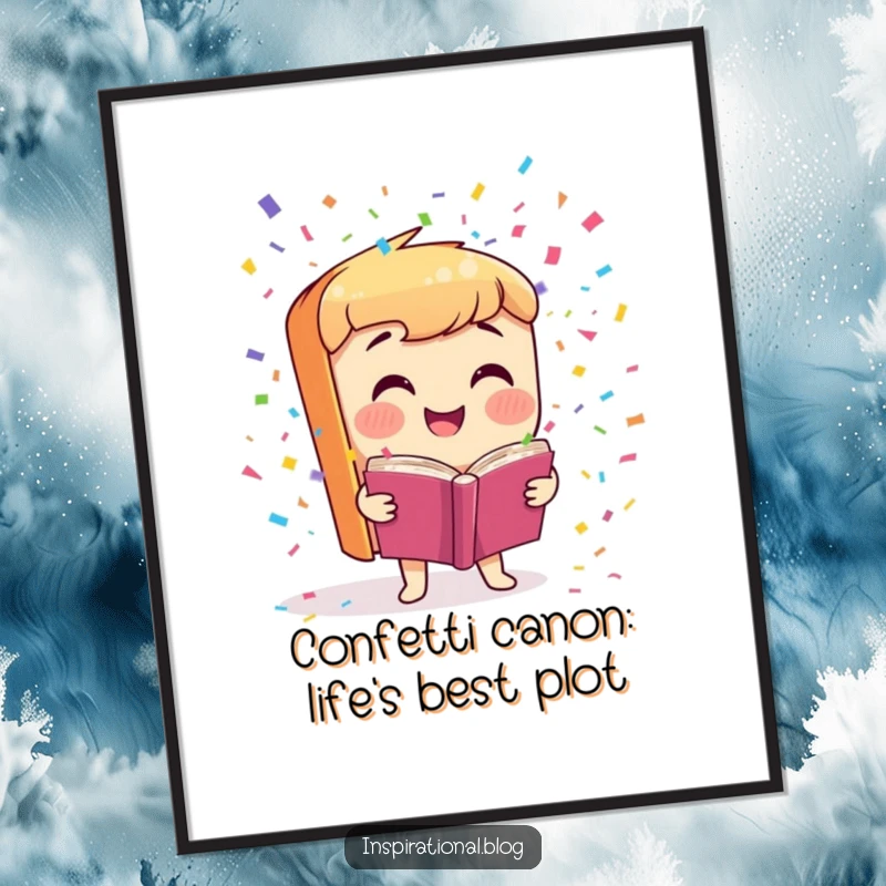 Funny Free Printable wall art depicting a smiling book character launching a shower of colorful confetti in a joyous explosion.