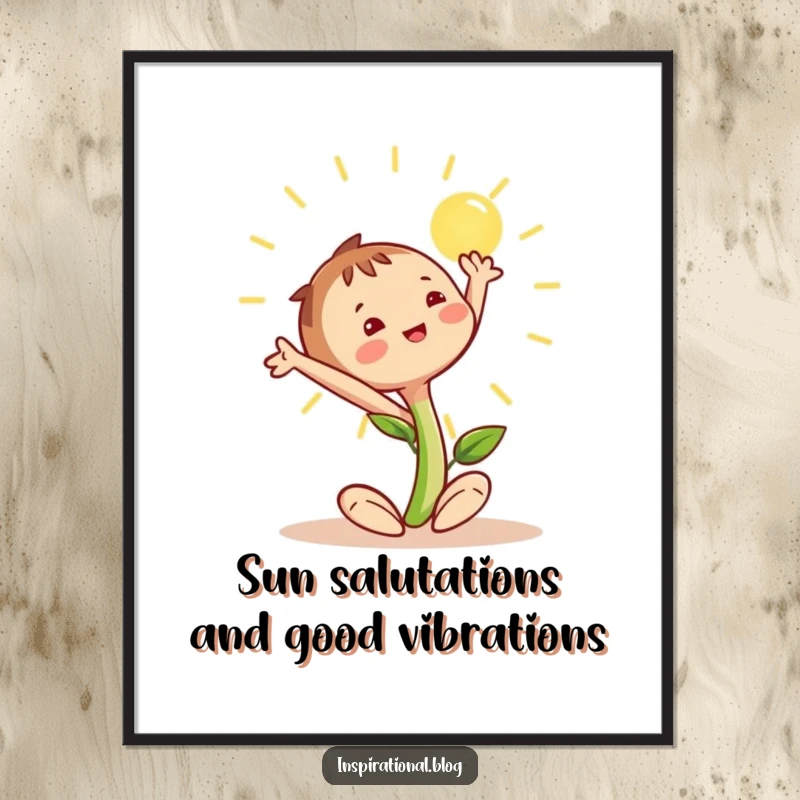 Funny Free Printable Wall Art: A happy seedling character stretching enthusiastically towards a radiant sun.