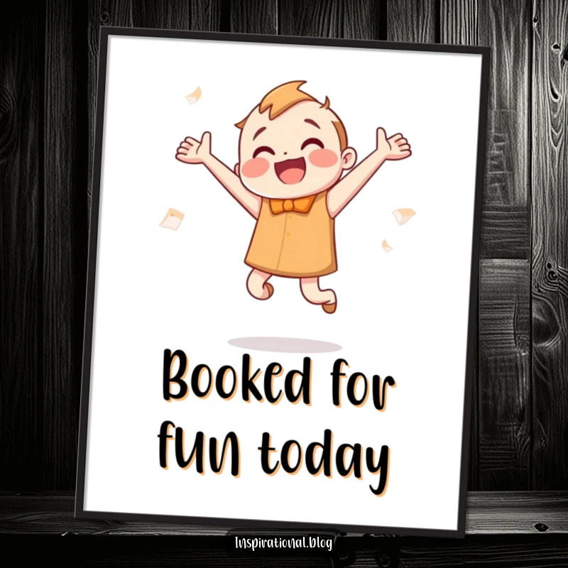 Funny Free Printable Wall Art of a happy book character jumping enthusiastically, exuding a love for reading.