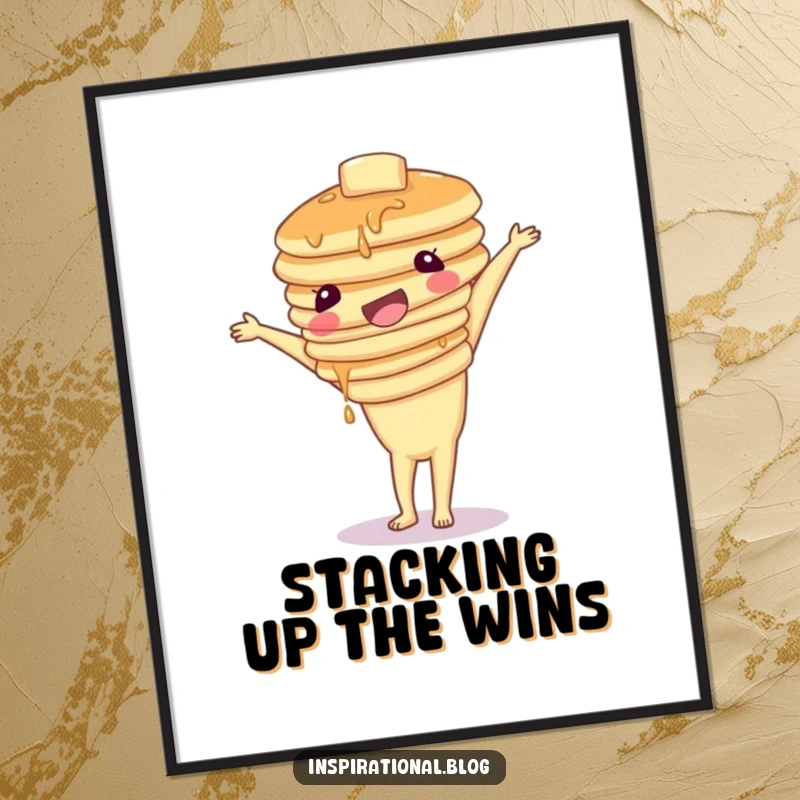 Funny Free Printable Wall Art of a wobbly stack of pancakes attempting to perform a handstand with determination.