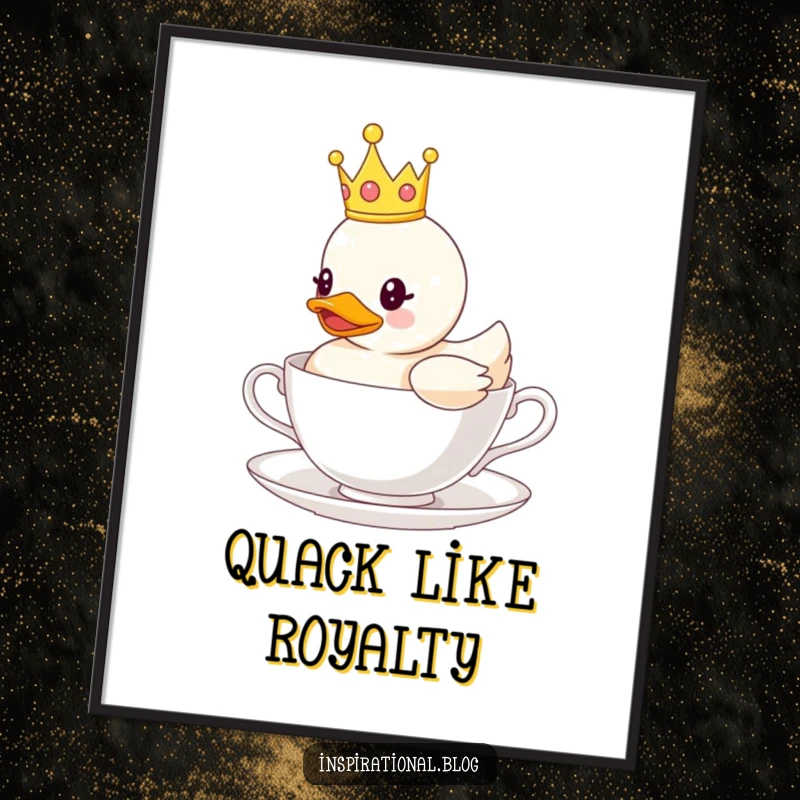 Funny Free Printable Wall Art of a rubber duck wearing a tiny crown, floating gracefully on a teacup.