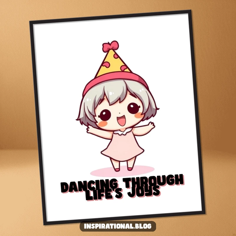 Funny Free Printable Wall Art: Tiny character in a festive hat doing a ridiculously silly, happy dance.