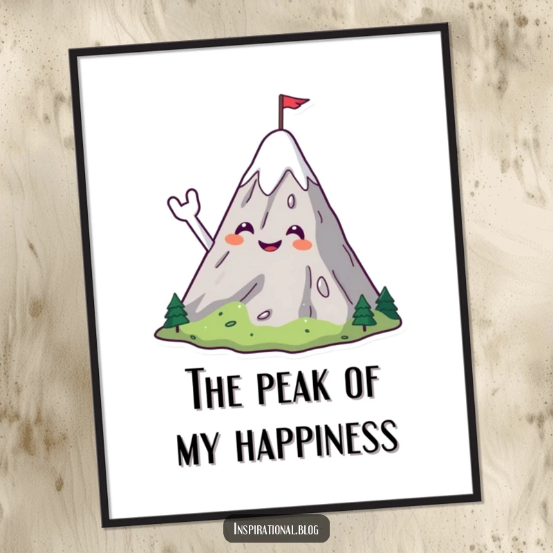 Funny Free Printable Wall Art of a smiling mountain character cheerfully waving with a small flag on its peak, offering a grand welcome.