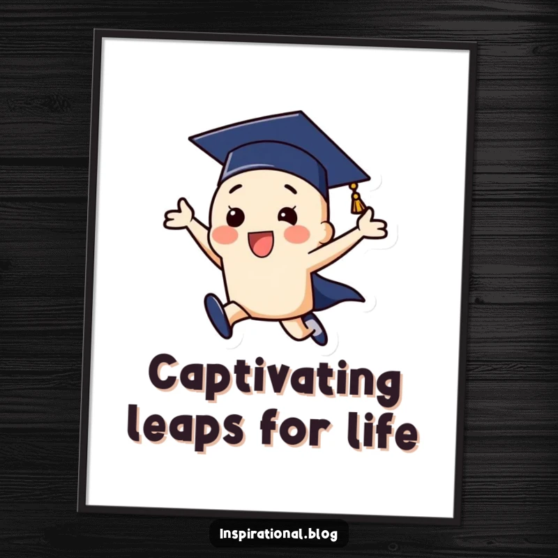 Funny Free Printable Graduation Wall Art of a cap leaping with joy, a humorous depiction of success. Downloadable art.