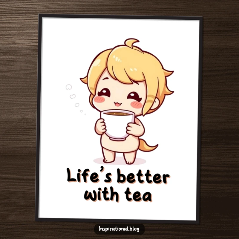 Funny Free Printable Wall Art: A cheerful character kindly offers a warm cup of tea, emanating comfort and friendship.