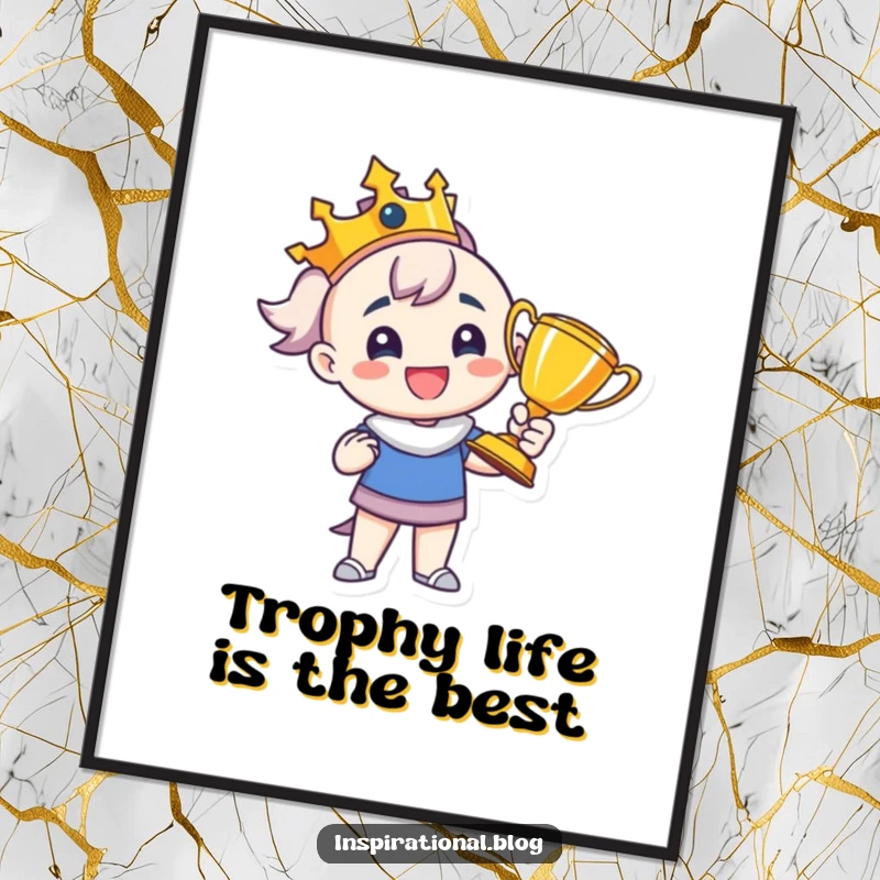 Funny free printable wall art of a character beaming with immense pride, triumphantly holding a large trophy, a symbol of victory.