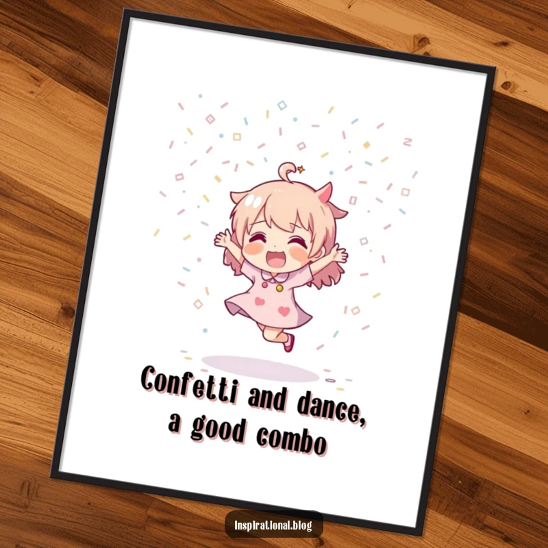 Funny Free Printable Wall Art of a character dancing energetically beneath a festive shower of confetti, perfect for a lively atmosphere.