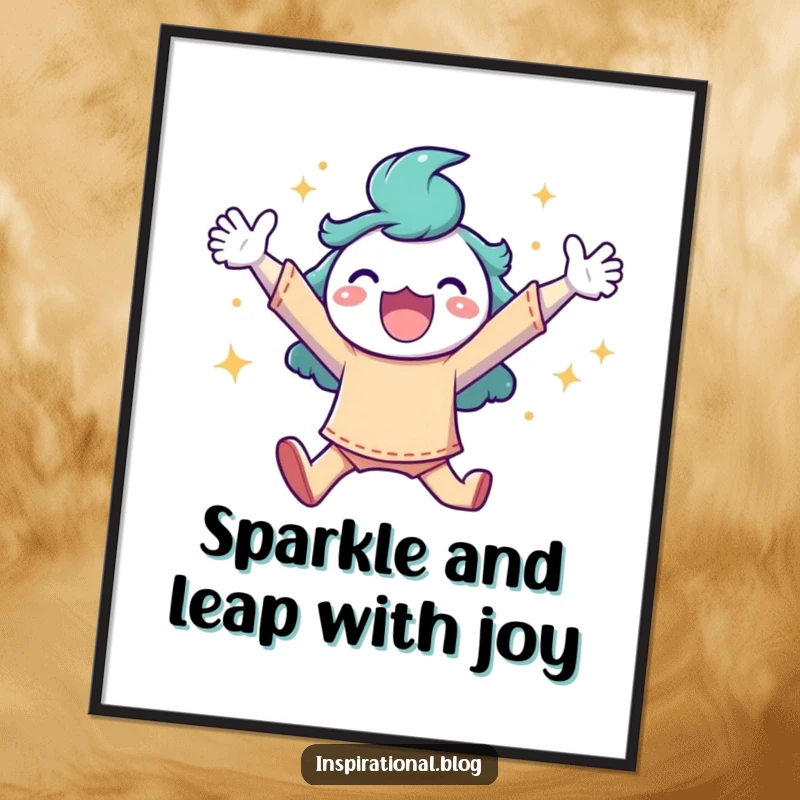 Funny Free Printable Wall Art capturing a character mid-leap with arms spread wide amidst a flurry of sparkles, radiating pure happiness.