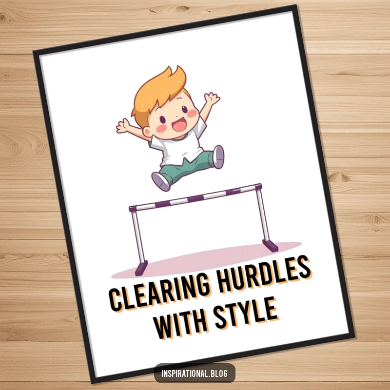 Funny Free Printable Wall Art of a character joyfully leaping over a high hurdle, conveying ambition, freedom, and playful determination.