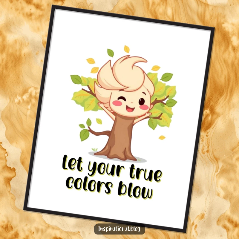 Funny Free Printable Wall Art depicting a cheerful wind gust character playfully blowing colorful leaves around a happy tree.