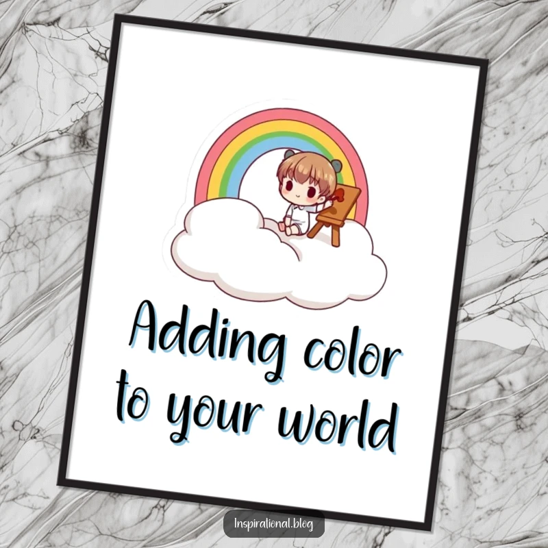 Funny Free Printable Wall Art: Small character joyfully paints a colorful rainbow on a fluffy cloud, adding a touch of magic.